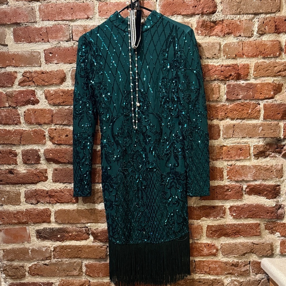 Teal Sequin Long Sleeve Dress - Halloween Flapper with necklace and headband